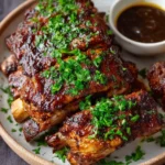 Delicious and tender Crockpot Ribs served with BBQ sauce