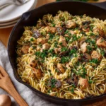 Delicious Easy Chicken Stroganoff served on a plate with pasta and herbs