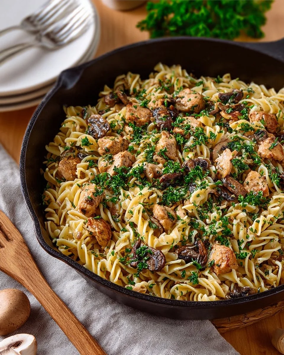 Delicious Easy Chicken Stroganoff served on a plate with pasta and herbs