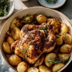 Plate of easy lemon herb roast chicken garnished with herbs and lemon slices