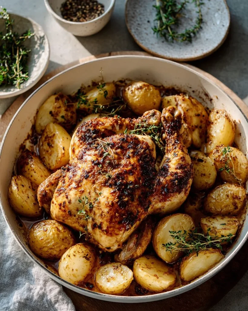 Plate of easy lemon herb roast chicken garnished with herbs and lemon slices