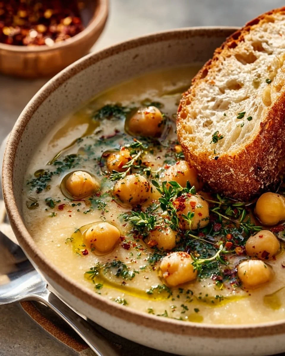Bowl of Garlic Chickpea Soup garnished with herbs and served with bread