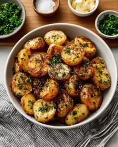 Delicious garlic herb roasted potatoes garnished with fresh herbs