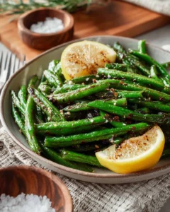 Plate of grilled green beans garnished with herbs and spices