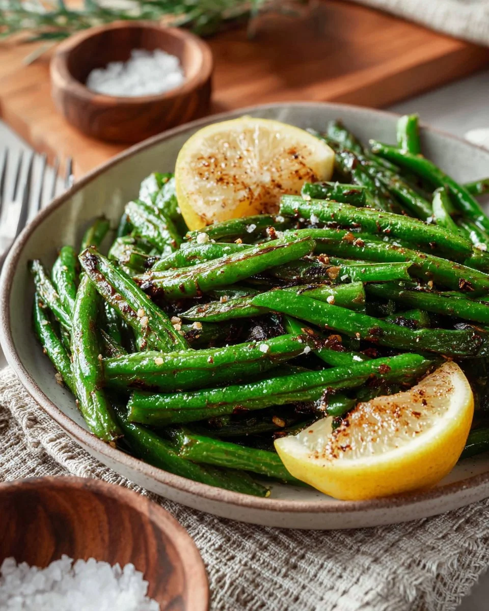 Plate of grilled green beans garnished with herbs and spices