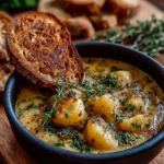 Bowl of hearty cheddar garlic herb potato soup garnished with fresh herbs
