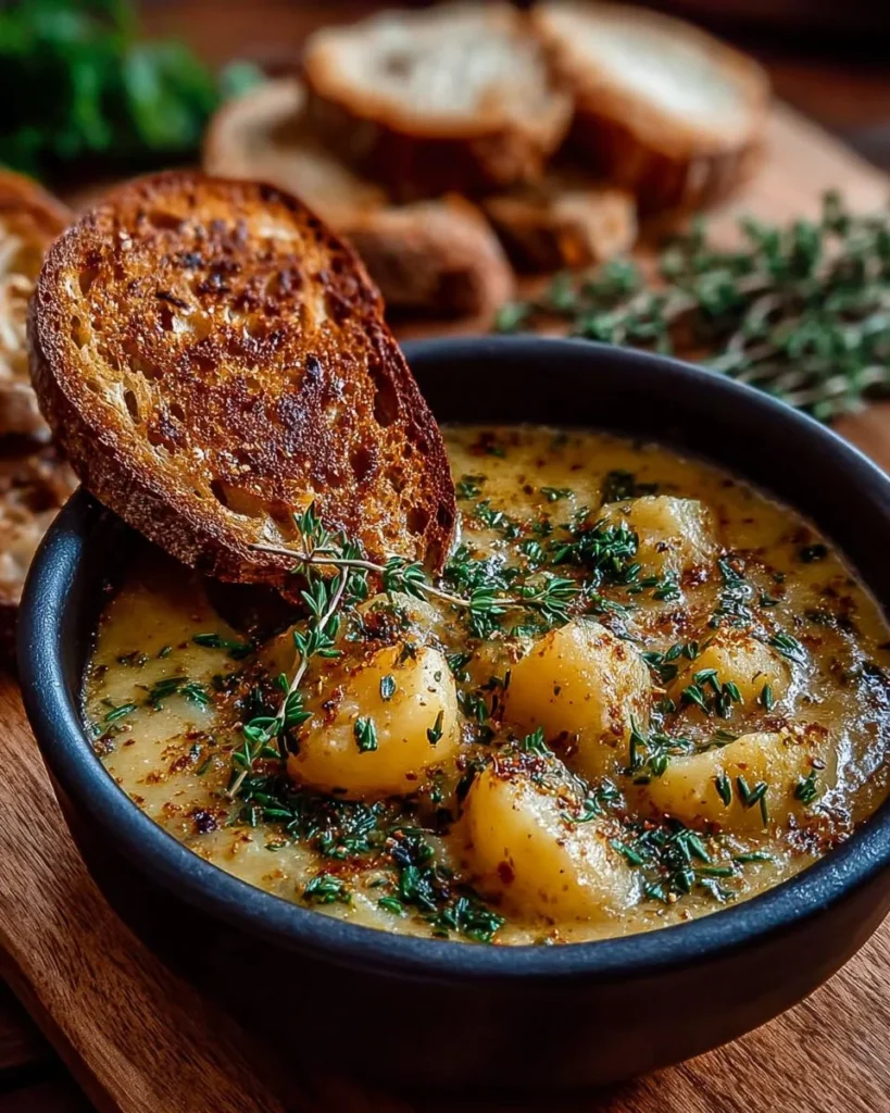 Bowl of hearty cheddar garlic herb potato soup garnished with fresh herbs