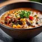 Bowl of high protein creamy taco soup with toppings like cheese and avocado