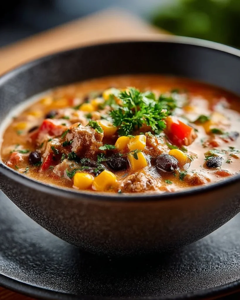 Bowl of high protein creamy taco soup with toppings like cheese and avocado