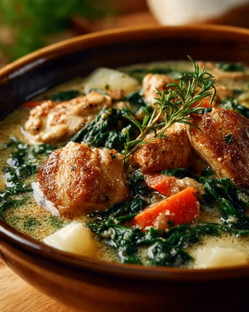 Bowl of homemade chicken gnocchi soup garnished with herbs and served steaming