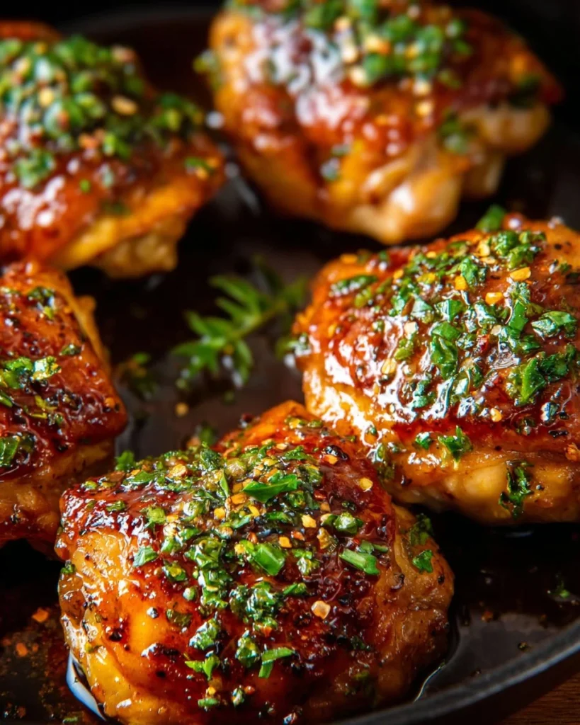 Delicious Honey Garlic Chicken garnished with green onions on a white plate