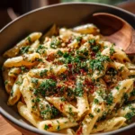 Plate of Italian pasta with garlic olive oil sauce garnished with parsley