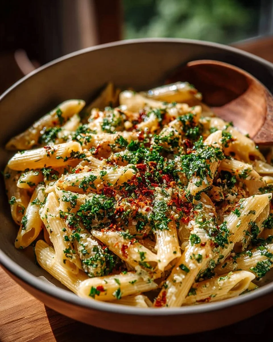 Plate of Italian pasta with garlic olive oil sauce garnished with parsley