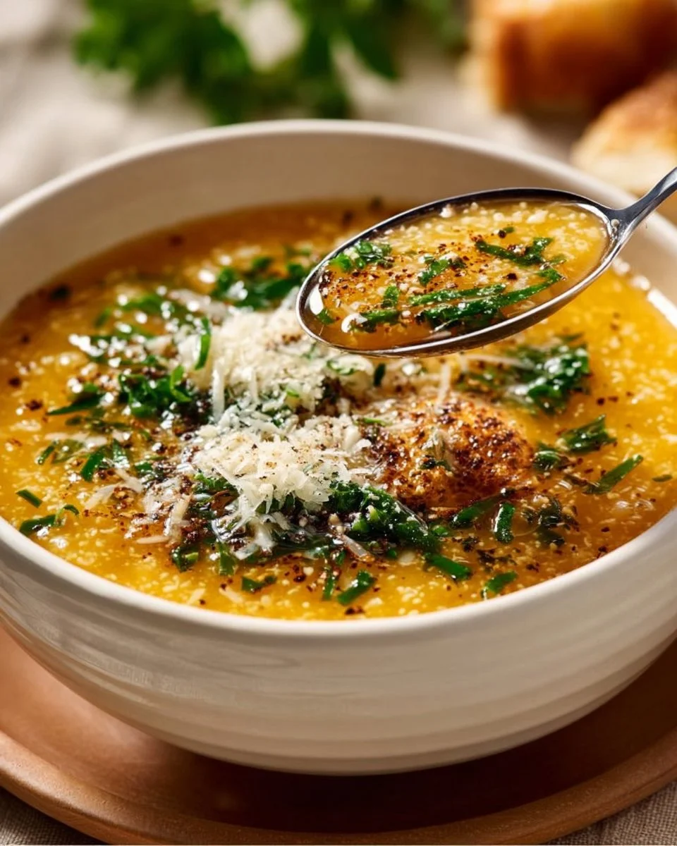 Bowl of Italian Penicillin Soup with fresh herbs and ingredients