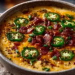 Creamy Jalapeño Popper Soup topped with cheese and jalapeños in a bowl