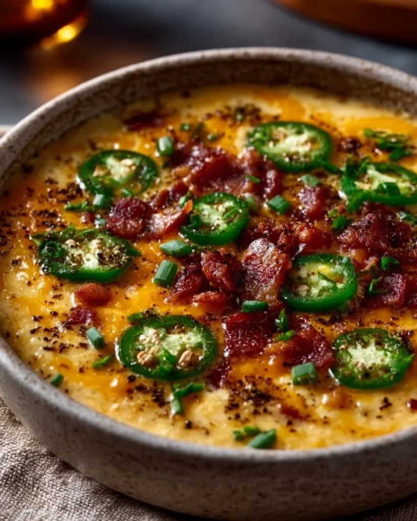 Creamy Jalapeño Popper Soup topped with cheese and jalapeños in a bowl