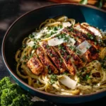 Lemon Pepper Cajun Chicken Fettuccine Alfredo garnished with parsley