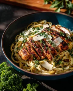 Lemon Pepper Cajun Chicken Fettuccine Alfredo garnished with parsley