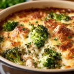 One pot broccoli chicken and rice casserole topped with melted cheese and fresh herbs