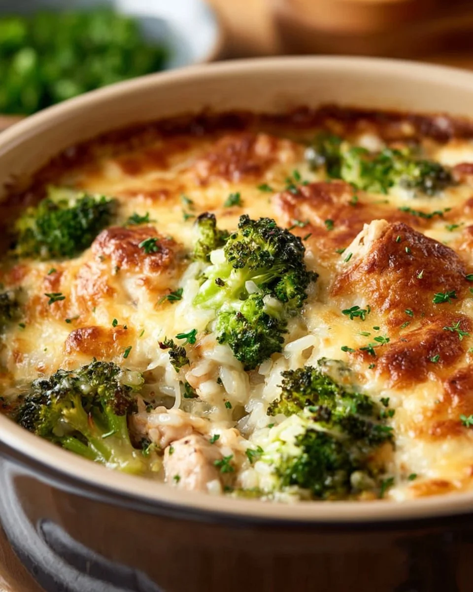 One pot broccoli chicken and rice casserole topped with melted cheese and fresh herbs