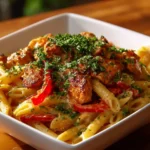 One-Pot Chicken Fajita Pasta served in a bowl with colorful bell peppers and chicken.