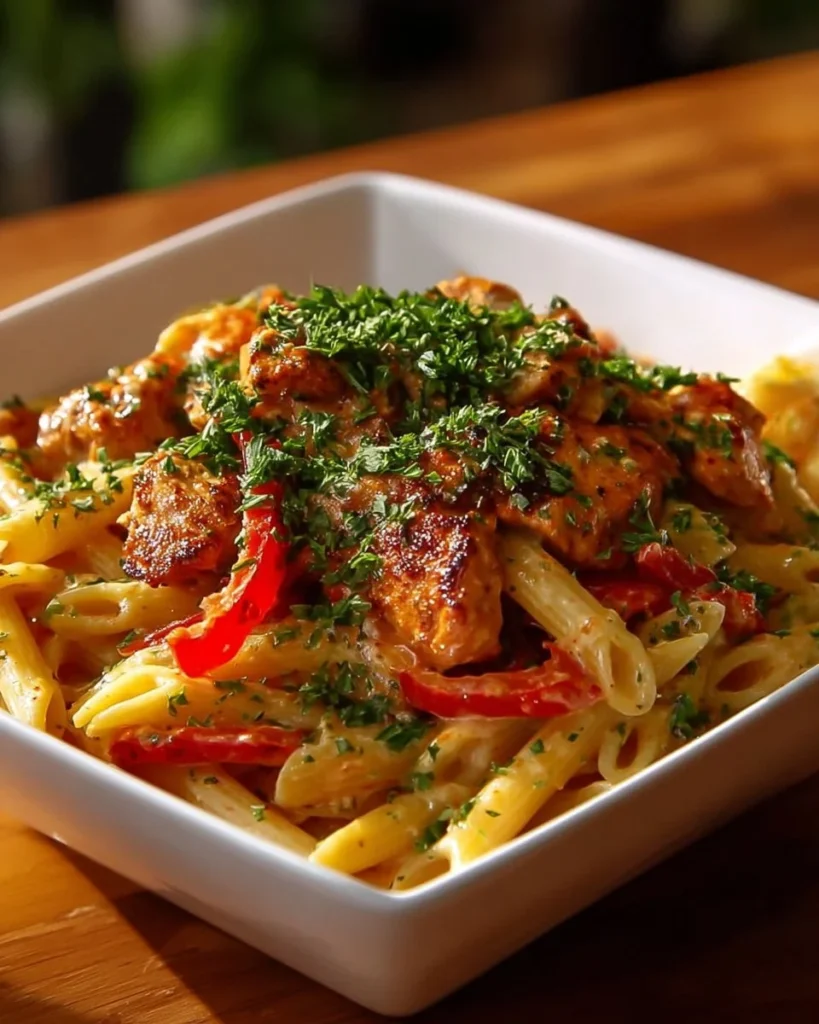 One-Pot Chicken Fajita Pasta served in a bowl with colorful bell peppers and chicken.