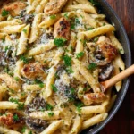 One-Pot Chicken Mushroom Pasta dish cooked in a single pot for easy preparation.