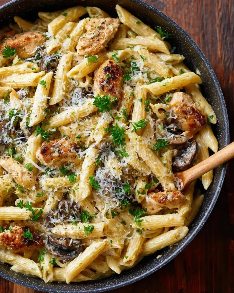 One-Pot Chicken Mushroom Pasta dish cooked in a single pot for easy preparation.