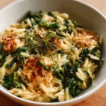 Delicious One Pot Spinach Artichoke Orzo served in a bowl