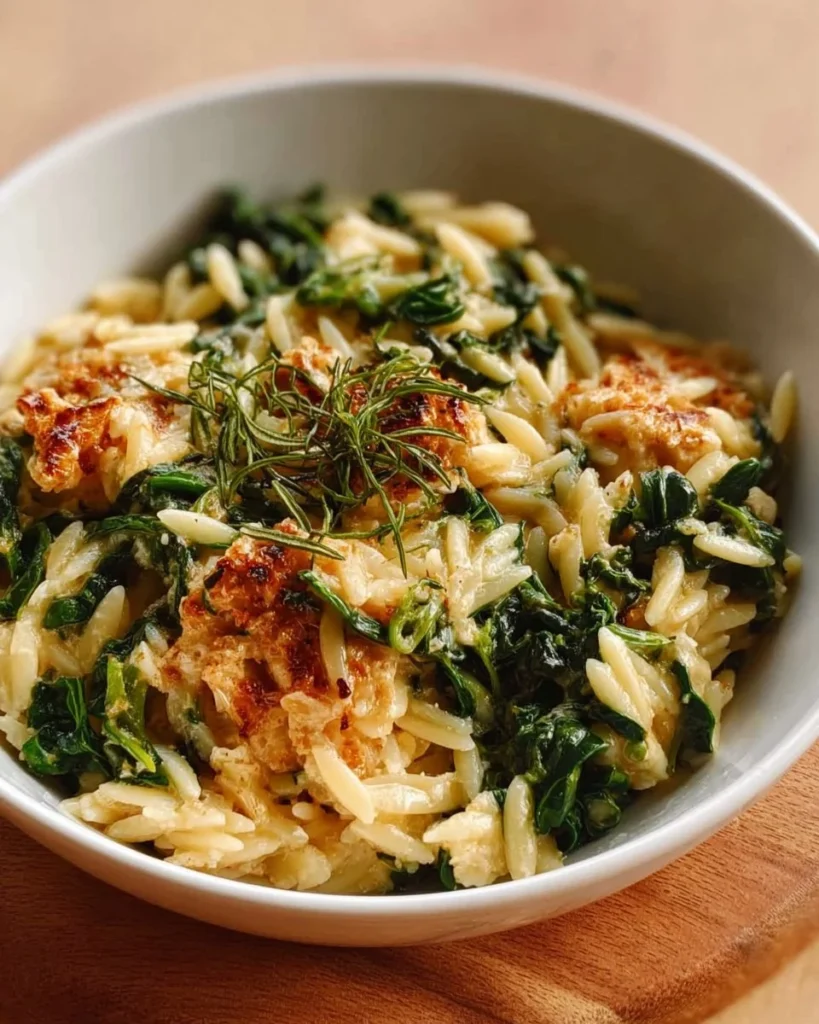 Delicious One Pot Spinach Artichoke Orzo served in a bowl