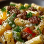 Delicious Philly Cheese Steak Pasta served in a bowl with fresh ingredients.