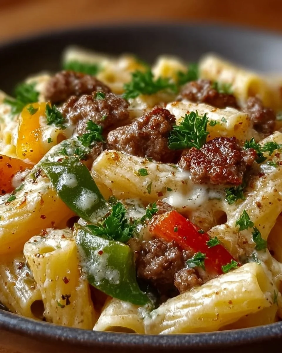 Delicious Philly Cheese Steak Pasta served in a bowl with fresh ingredients.
