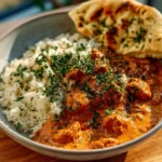 Homemade butter chicken served with rice and garnish