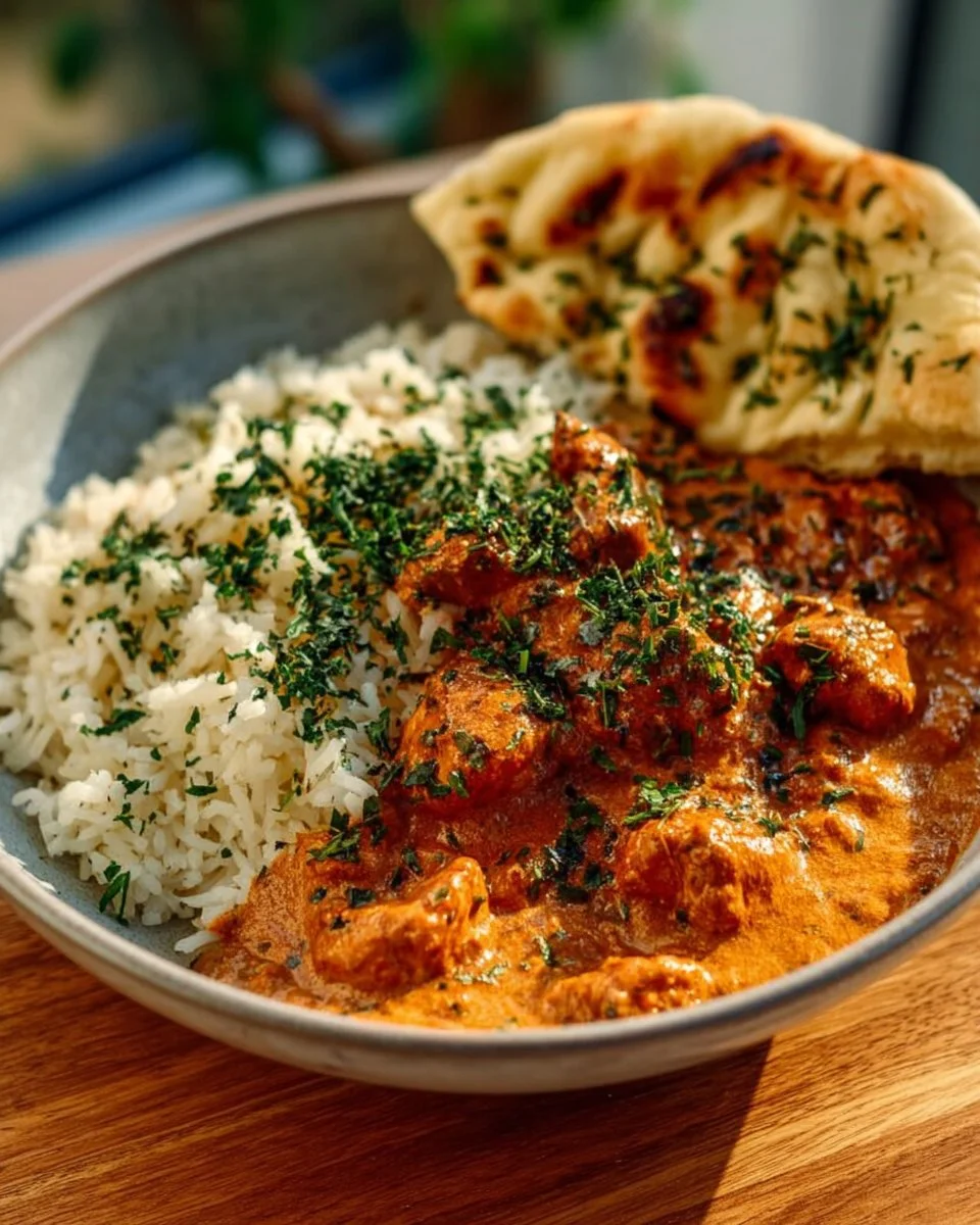 Homemade butter chicken served with rice and garnish