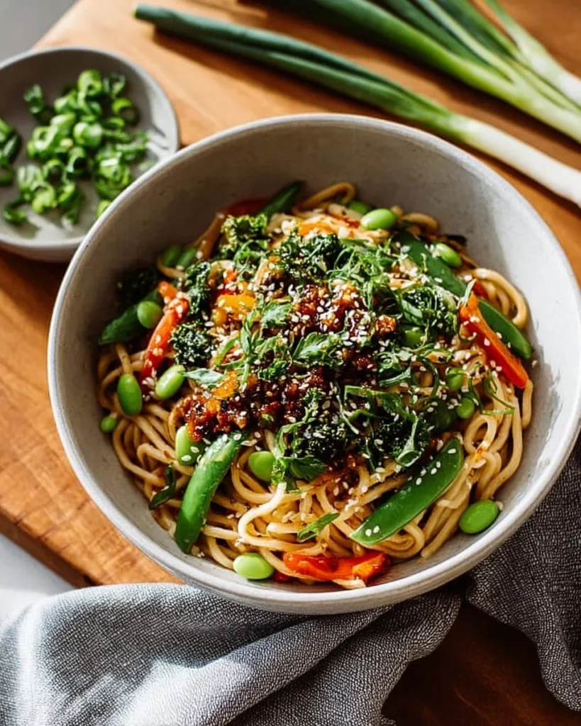 Bowl of sesame noodle salad topped with fresh vegetables and sesame seeds