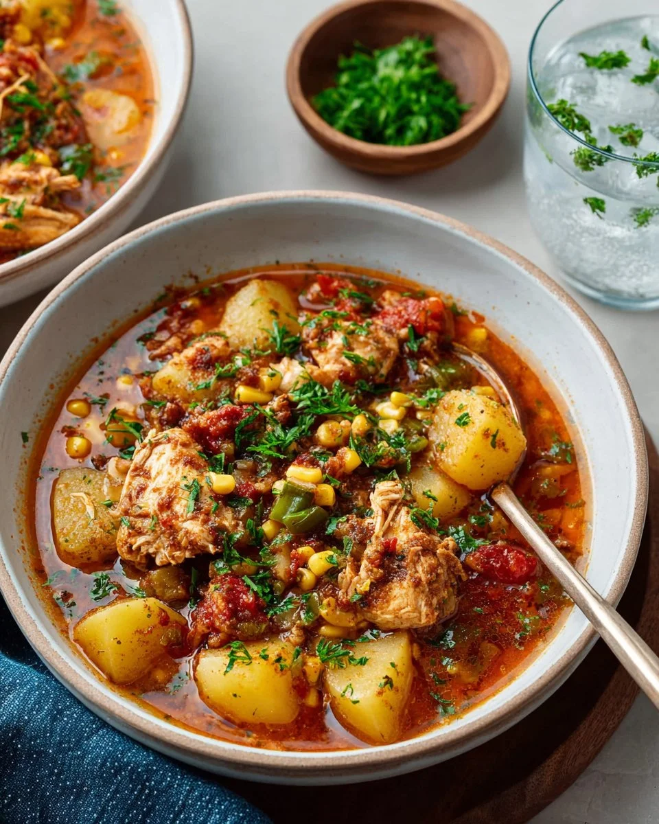 Bowl of Shortcut Brunswick Stew with vegetables and meat