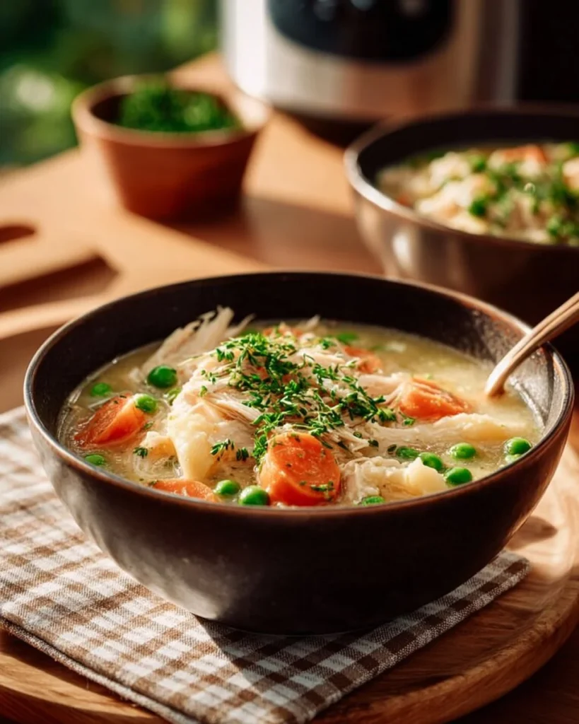 Bowl of slow cooker chicken and dumplings topped with herbs