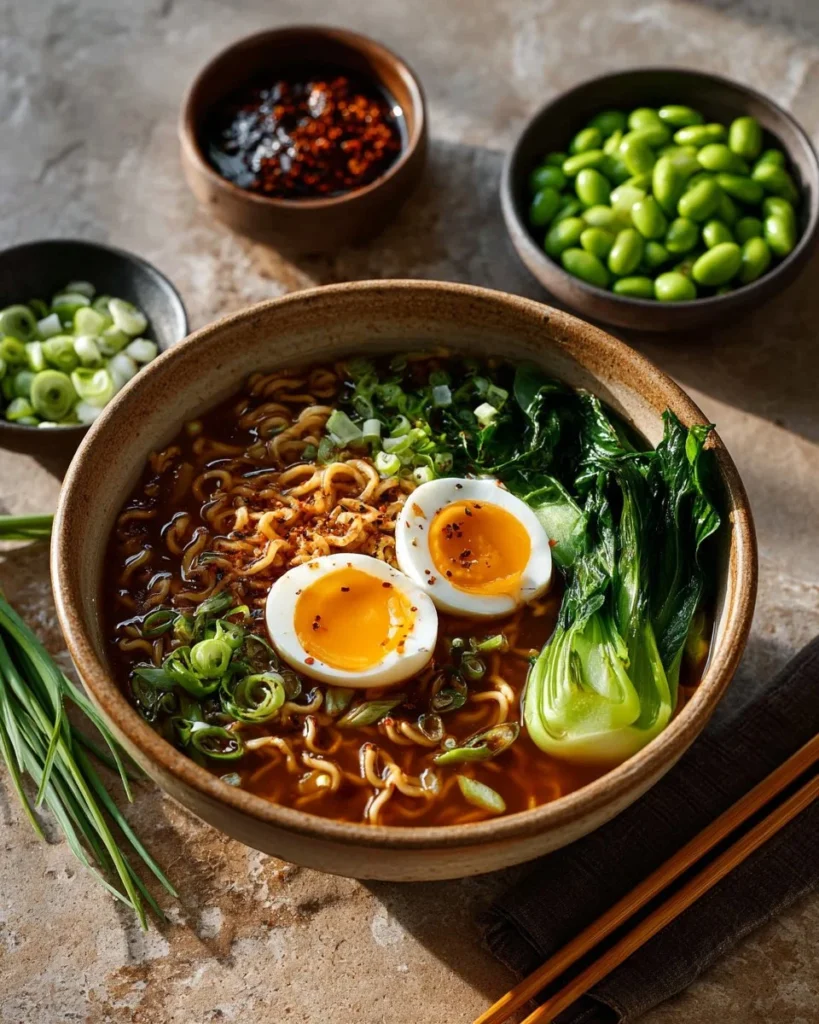 Bowl of spicy vegetarian ramen garnished with fresh herbs and vegetables