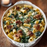 Delicious Spinach Chicken Pasta Bake topped with melted cheese and spinach