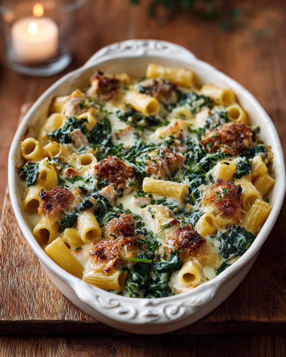 Delicious Spinach Chicken Pasta Bake topped with melted cheese and spinach