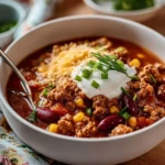 Bowl of delicious taco soup garnished with cilantro and cheese