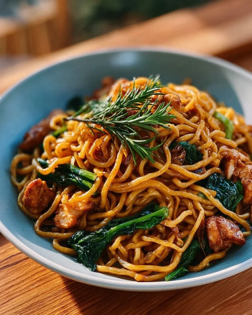 Taiwanese Three Cup Chicken Noodle Stir Fry with colorful vegetables and herbs