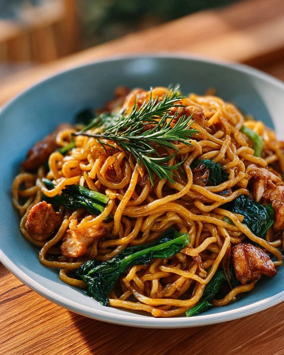 Taiwanese Three Cup Chicken Noodle Stir Fry with colorful vegetables and herbs