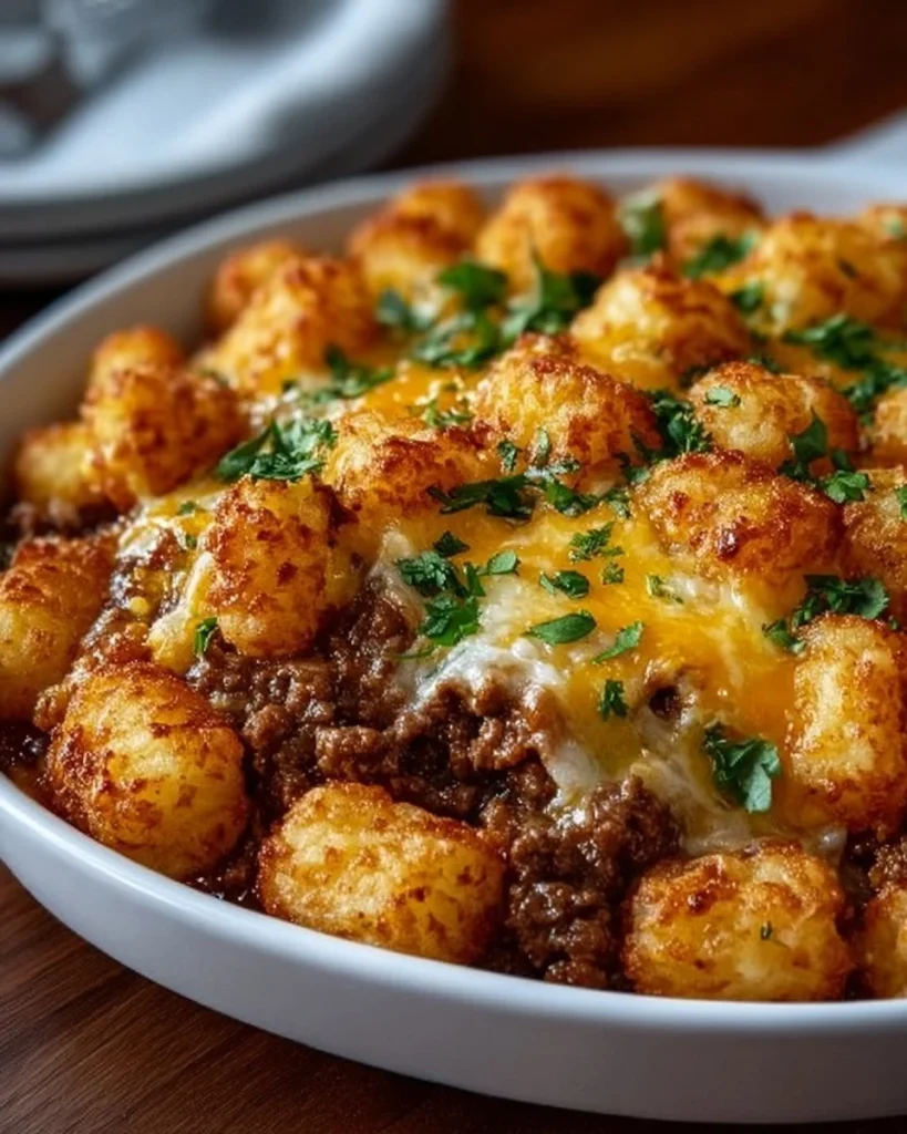 Delicious tater tot casserole topped with crispy tater tots and a savory filling