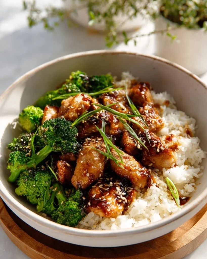 Plate of teriyaki chicken served with broccoli and sesame seeds