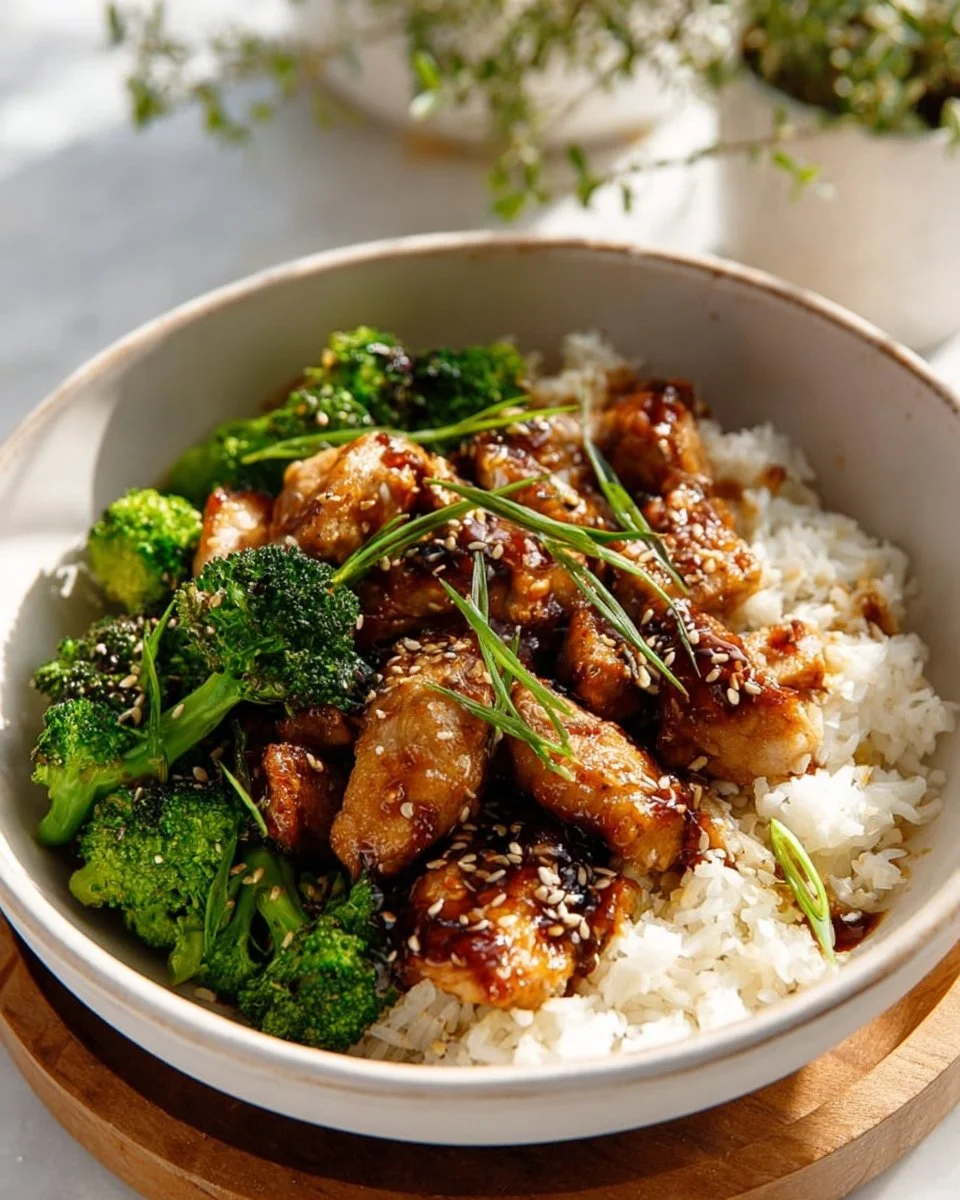 Plate of teriyaki chicken served with broccoli and sesame seeds