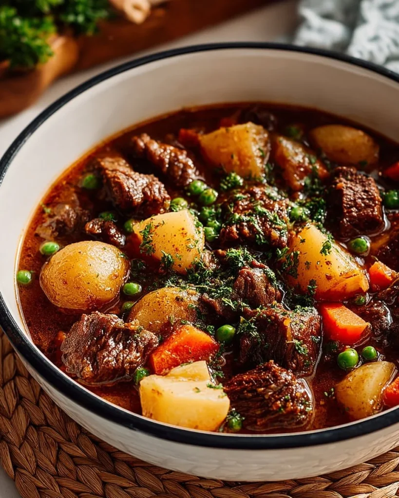 Delicious bowl of hearty beef stew with vegetables and herbs