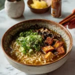 Bowl of Vegan Creamy Miso Ramen topped with fresh vegetables and tofu