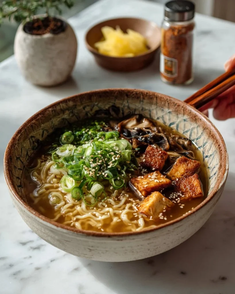 Bowl of Vegan Creamy Miso Ramen topped with fresh vegetables and tofu