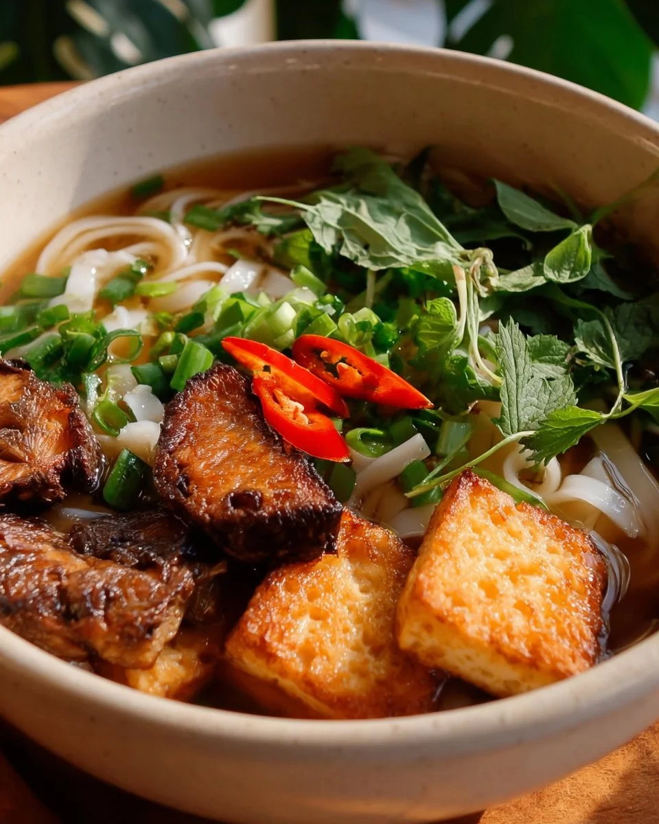 A bowl of vibrant Vegan Pho with fresh herbs and vegetables on a wooden table.